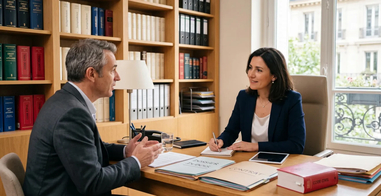 Avocat en consultation dans son bureau avec codes juridiques et dossiers clients, illustrant l'accompagnement personnalisé