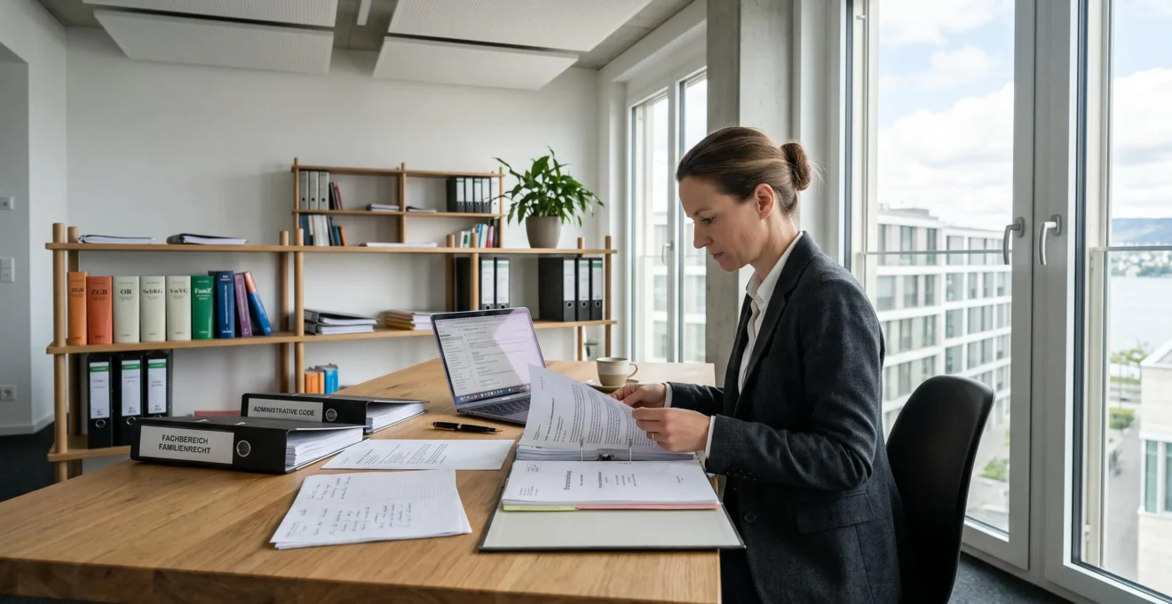 Bureau d'avocat moderne avec documentation juridique variée disposée sur le bureau, illustrant la polyvalence d'un cabinet pluridisciplinaire
