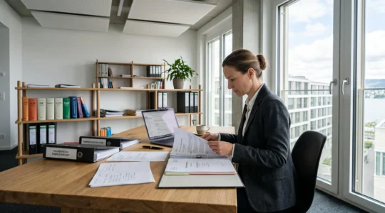 Bureau d'avocat moderne avec documentation juridique variée disposée sur le bureau, illustrant la polyvalence d'un cabinet pluridisciplinaire