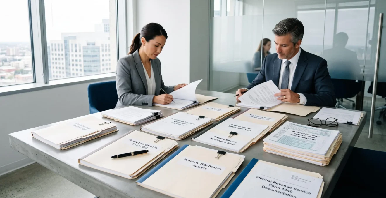 Dossier juridique complexe avec documents de différents domaines étalés sur une table de travail professionnelle